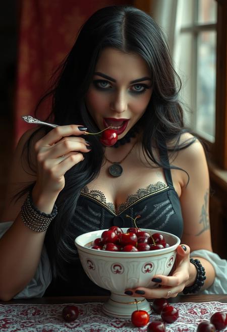 A realistic photo of a goth woman with huge brests eating a bowl of cherry