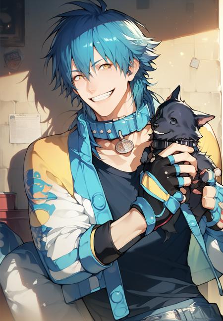 seragaki_aoba,1boy,blue hair,solo,yellow eyes,long hair,male focus,