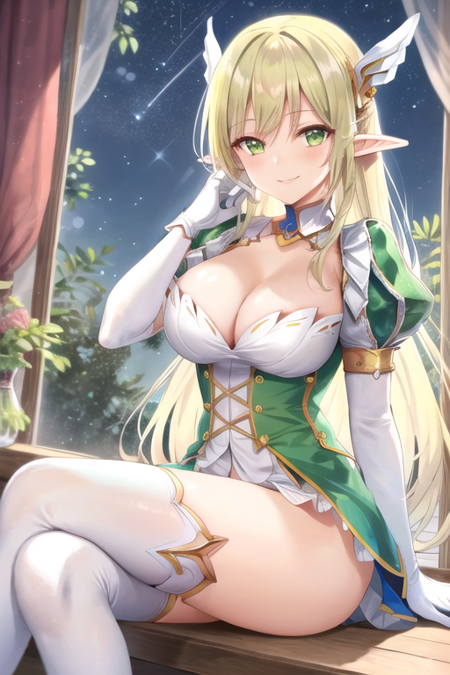 <lora:RenaErindel-09:0.6>, rena erindel, 1girl, solo, long hair, looking at viewer, smile, blonde hair, large breasts, hair ornament, thighhighs, gloves, cleavage, sitting, green eyes, green hair, sky, pointy ears, puffy sleeves, white gloves, white thighhighs, night, elf, star (sky), starry sky