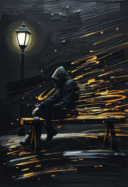 A hyper-stylistic, extremely detailed image depicts a breathtaking painting, crafted from a combination of smeared black and gold metallic paint. A cloaked and hooded figure sitting on a park bench next to a lone street light at night is captured in a streaked motion, as if it is moving rapidly in one direction. The black paint is applied in bold, dynamic strokes, creating a sense of energy and movement that is contrasted beautifully by the golden accents. The gold paint is used to highlight the figure, the bench and street lights features, adding a sense of depth and dimensionality to the image. The overall effect is one of breathtaking, surreal dynamism, as if the viewer has captured a fleeting moment in time. Every detail of the image is meticulously crafted, from the delicate, swirling patterns of the gold paint to the intricate, textured patterns of the black paint. The contrasts between light and dark, color and texture, create a sense of tension and energy that draws the viewer in, inviting them to explore the kinetic world of the painting. highest-Quality, intricate details, visually stunning, Masterpiece