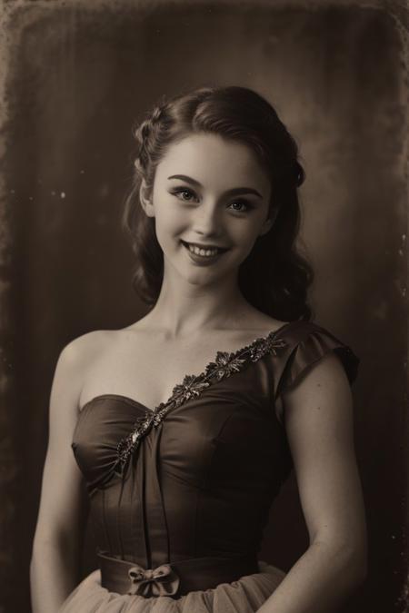 retro pin up photo , (Sepia:1.2), a ballerina wearing tutus,1950s Fashion, MAKEUP ,Shoulder out, poses in front of the camera, Hollywood Smile, realistic photo 、Ballet poses