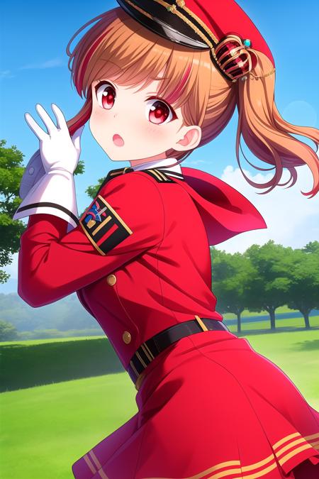 (masterpiece, best quality), highly detailed background, perfect lightingbest quality, amariakari, solo, outdoors, military, peaked cap, military hat, hat bow, brown hair, two-tone hair, red hair, mini crown, jewelry side ponytail, streaked hair, short hair, v-shaped eyebrows, red eyes, shaded face, red jacket, long sleeves, <lora:GoodHands-vanilla:1>, white gloves, armband, red skirt, frilled skirt, military uniform, open mouth, >:o, pink lips, <lora:Amari-Akari:0.7>