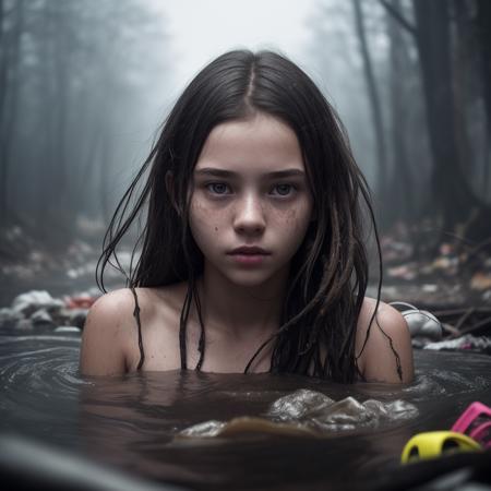 8k uhd,by Alessio Albi, dusty particles depth of field,detailed BREAK young girl whose face is centered in the frame, the beauty of her face is obscured by a massive pile of diverse debris surrounding her, almost as if she is drowning in it, contrast between, youth,chaos,surrounding trash, provoking composition,(detailed ambient,intricate ambient_occlusion, detailed)