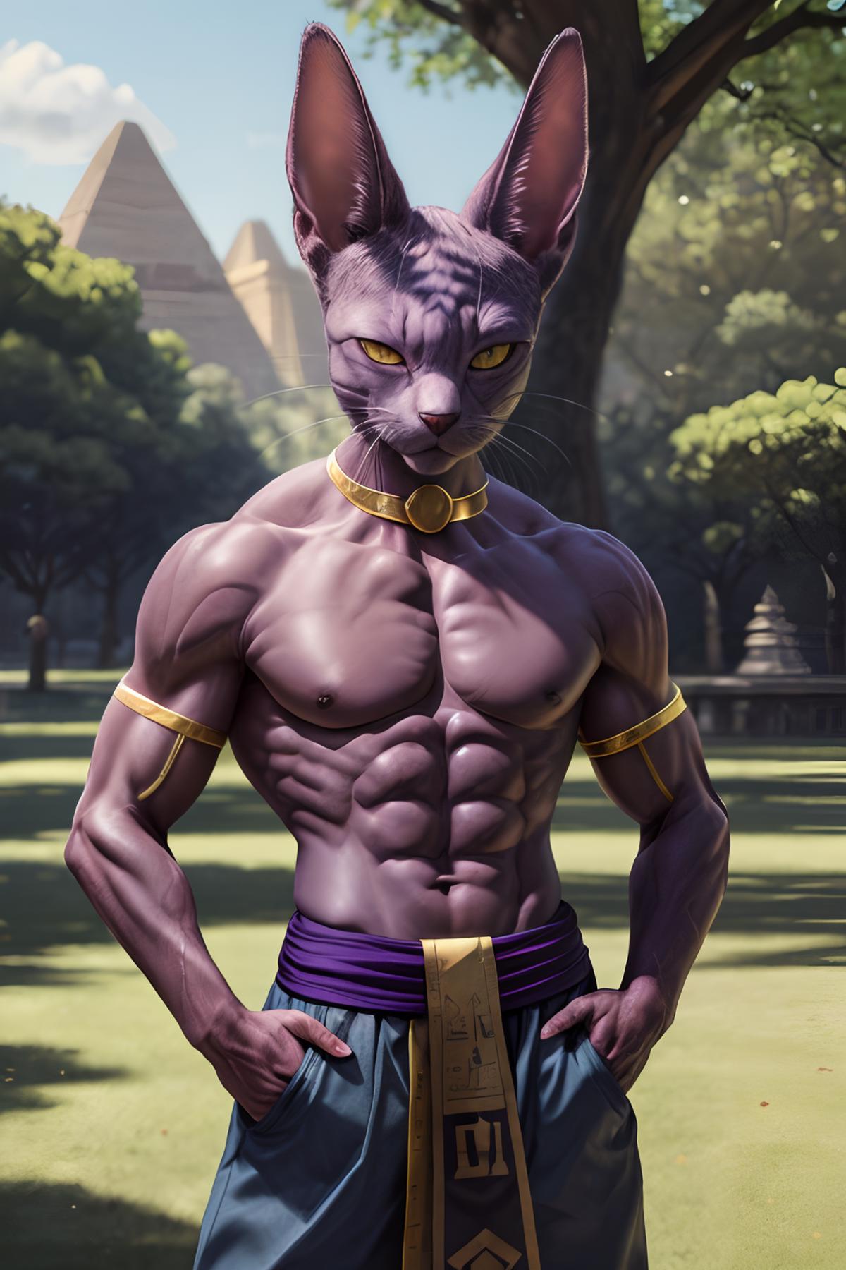 A cartoon image of a purple cat person with a six-pack, standing in a grassy field.