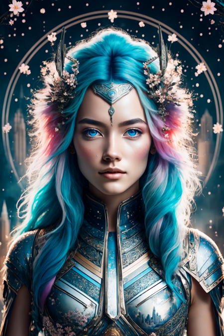 (masterpiece, best quality, ultra-detailed, highres, best illustration),1girl, two tone hair, blue hair, pink hair, blue eyes, rainbow sky, cherry blossoms,side lighting, lustrous skin,(shine),  (shiny skin, cetlic elements, norse heritage), ray tracing,  shirt, wind swept hair, detailed hair, detailed face, ,depth_of_field,very detailed background,extreme light and shadow,(detailed eyes) , perfect anatomy, (zentangle, mandala, tangle, entangle), dynamic angle, wide shot, upper body, city scape, extreme light and shadow, night sky