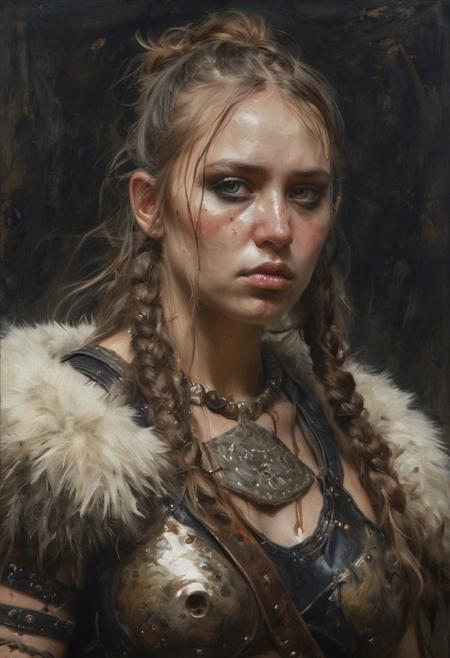 Full shot, front view, masterful painting in the style of Anders Zorn | Marco Mazzoni | Yuri Ivanovich Pimenov, oil on canvas, full shot of an ancient barbarian female warrior,  beautiful girl, from the Ancient Cimmeria, relaxed expression, dirt skin texture, black grunge clothes, standing pose, leather and fur boots