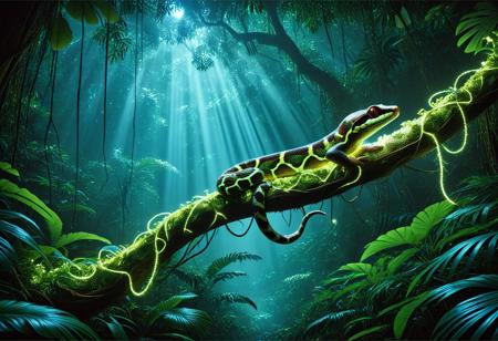 Highly detailed photographic image of a large tree boa (photorealistic) wrapped around a tree branch in the rainforest. The photorealistic natural forest surroundings glowing with bioluminescent plants creating dramatic shadows. The rainforest environment should be lush and vibrant, filled with a variety of illuminated green foliage, exotic plants, and dappled moonlight filtering through the canopy above. Incorporate dramatic luminescent light from the forest to enhance the atmosphere, creating a sense of mystical surrealism. Include subtle elements such as mist or gentle rain to add to the mood, while ensuring the surreal soft glow of the intricate tree snake remains the focal point of the composition. (Highly cinematic scene with natural surroundings softly glowing dramatically, ; highly focused detail on the subject; snakeskin detail with subtle luminescent glowing from each scale; masterpiece scene; dramatic composition, 4k resolution, finely detailed texture)