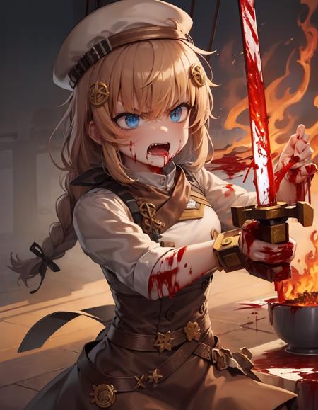 (extremely detailed CG unity 8k wallpaper),(masterpiece), (best quality), (ultra-detailed), (best illustration),(best shadow), (sharp eyeliner, eyeshadow, detailed eyes:1.1), bakery
,BREAK
choco, (holding sword, swinging sword, angry, bloody, blood on clothes, fighting, flames, destruction:1.6)
<lora:FNC:.8>