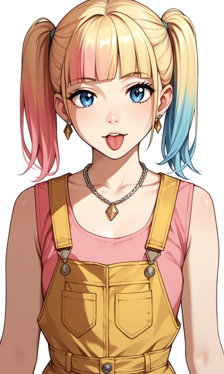 1woman,blue eyes,twintails,multicolored hair,blonde hair,pink hair,blue hair,pink crop top,necklace,yellow gold overalls, gradient hair,argyle overalls