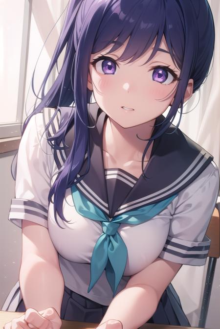 kananmatsuura, <lora:kananmatsuura-lora-nochekaiser:1>, 
kanan matsuura, blue hair, long hair, ponytail, (purple eyes:1.1), sidelocks, (medium breast:1.2),
BREAK aqua neckerchief, grey sailor collar, grey skirt, miniskirt, neckerchief, pleated skirt, sailor collar, sailor shirt, school uniform, serafuku, shirt, skirt, summer uniform, uranohoshi school uniform, white shirt,
BREAK looking at viewer, 
BREAK indoors, classroom,
BREAK <lyco:GoodHands-beta2:1>, (masterpiece:1.2), best quality, high resolution, unity 8k wallpaper, (illustration:0.8), (beautiful detailed eyes:1.6), extremely detailed face, perfect lighting, extremely detailed CG, (perfect hands, perfect anatomy),