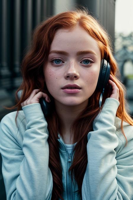 photo of beautiful (s4d1e:0.99), a woman wearing headphones, (blue athletic track suit), sneakers, (in a trance, floating in the air, arms outstretched at her sides, floating over the ground, levitating), full body, in a cemetery, daytime, (glowing white eyes), professional majestic photography, (Leica M6 Camera), 24mm, exposure blend, hdr, faded, extremely intricate, High (Detail:1.1), Sharp focus, dramatic, soft cinematic light, (looking at viewer), (detailed pupils), 4k textures, soft cinematic light, adobe lightroom, photolab, elegant, ((((cinematic look)))), soothing tones, insane details, hyperdetailed, low contrast, redhead hair down hairstyle