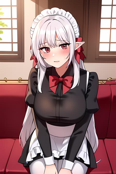 ((masterpiece, best quality)),1girl,sitting,serious,close mouth,solo,indoors,blush,elf, blush,(large breasts),bow breasts, long_hair, dress,maid, maid_apron, maid_headdress, pointy_ears, red_bow, red_bowtie, puffy_sleeves,long_sleeves,red_eyes,(white_pantyhose),shiny_skin,,,,,, ,extremely detailed CG unity 8k wallpaper, perfect lighting,Colorful, Bright_Front_face_Lighting,White skin, (masterpiece:1.0),(best_quality:1.0), ultra high res,4K,ultra-detailed, photography, 8K, HDR, highres, absurdres:1.2, Kodak portra 400, film grain, blurry background, bokeh:1.2, lens flare, vibrant_color,professional photograph,bow breasts,(Beautiful large_Breasts), (beautiful_face:1),(narrow_waist),Beautiful Finger,Beautiful long legs,Beautiful body,Beautiful Nose,Beautiful character design, perfect face,perfect balance,(2d)