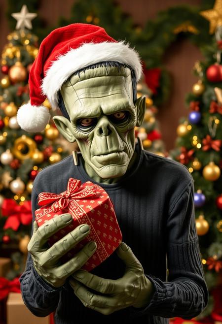 Frankenstein’s Monster wearing a Santa hat and holding a Christmas present in front of decorated Christmas trees. Looking at viewer.