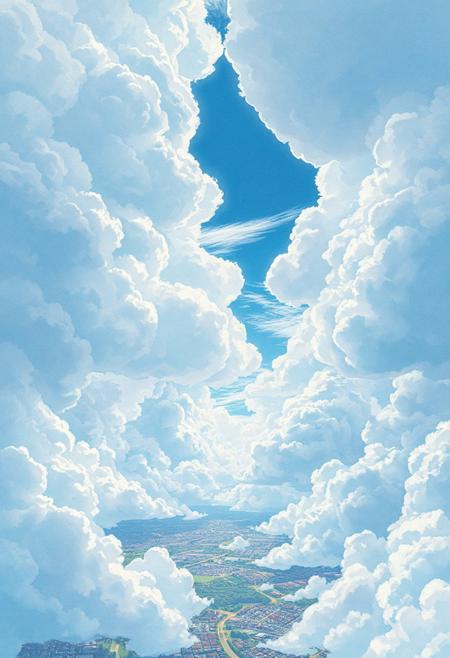 Vast anime-style sky with a massive textured cloud cover stretching across the entire scene, intricate structural cloud formations with detailed bumps and organic folds, scattered open gaps revealing patches of bright blue sky, cinematic view over a peaceful cityscape below, soft sunlight streaming through cloud breaks, pastel color palette (baby blue, soft white, light pink), highly detailed Ghibli-inspired artwork, hyper-realistic watercolor texture, dreamy and emotional atmosphere, 4K ultra-high resolution