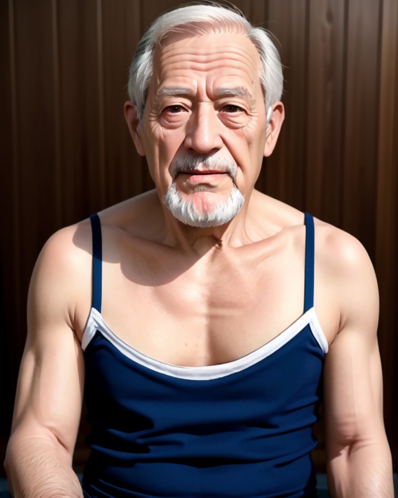 <lora:camisole:0.7>,beard old man, (blue_camisole:1.1), realistic, cmsl, blcollarbone