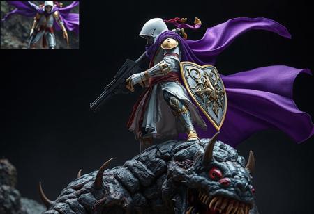 An intricately detailed Earth Armor Ninja model stands atop a fearful earthbound creature, with a dynamic purple cape flowing behind it. The ninja, primarily white with red, blue, and gold accents, holds a large gun and shield, ready for action. The ninja's head is turned, surveying the surroundings, as a stark contrast to the earthbound. A glimpse of another Earth Armor Ninja is visible in the top left corner, suggesting . The artwork is expertly crafted with 4K exceptional quality, lifelike details, harmonious colors, dynamic action pose, captivating lighting, and intricate textures (8k resolution, 300 total cells) for a powerful, cinematic impact.