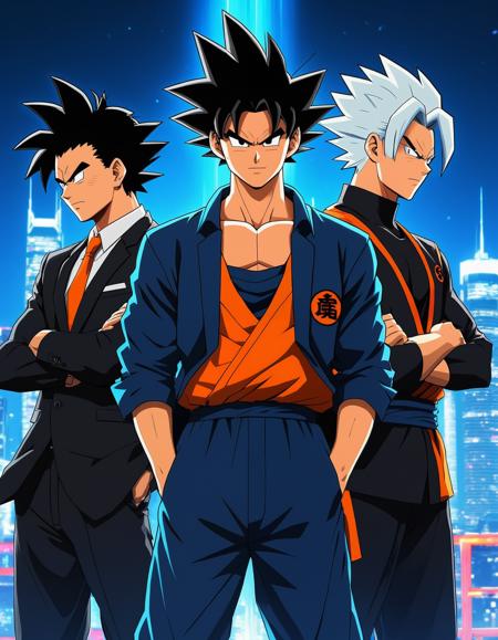 3 characters, Goku Ryu, Spike Spiegel, Gojo Satoru, standing together, dynamic pose, Goku with spiky orange hair, wearing a blue and orange gi, muscular build, intense expression, Spike with slicked-back black hair, wearing a stylish black suit, relaxed demeanor, Gojo with white hair and blindfold, wearing a black high-collared jacket, confident stance, anime style, detailed facial features, vibrant colors, energy aura surrounding them, backdrop of a futuristic cityscape with neon lights, night scene, dramatic lighting, cinematic composition, high detail, ultra-realistic rendering, 3D effect