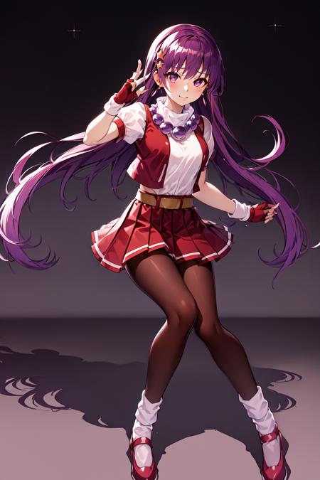 (masterpiece, top quality, best quality, official art, beautiful and aesthetic:1.2), (1girl:1.3), (fractal art:1.3), 
solo, athena97,
red shoes,(white socks:1.3),red pantyhose,
purple eyes, purple hair, long hair,red hairband, white turtleneck,white puffy sleeves,red pleated skirt,yellow belt,puple spherical necklace,red  fingerless gloves,red open vest,
star hair ornament, earrings
 medium breats,short sleeves,lying, crossed legs, 
outdoors,city background,closed mouth, 
 <lora:Athena97:0.8>