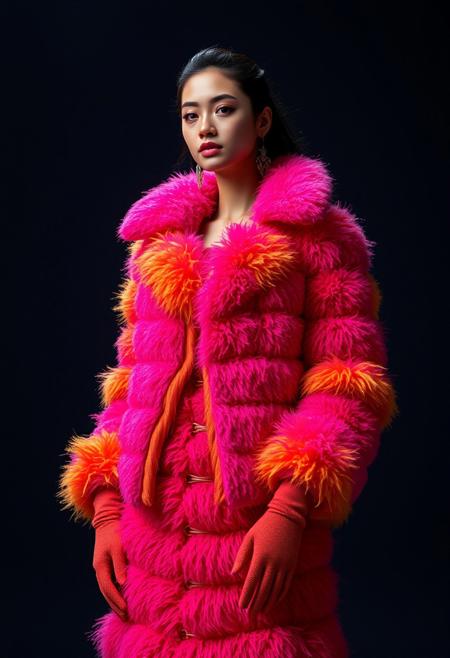 A cinematic-style photo of a top model wearing a designer outfit entirely made of fluffy molds in vibrant saturated colors. The outfit includes a jacket, a dress, and gloves. The model is standing against a plain dark background. The lighting is dramatic, with a spotlight on the model. The image is professionally color-graded and taken with a top-quality DSLR camera. The photo has high contrast, is 16k, and has intricate sharp details. The colors are ultra high saturation.