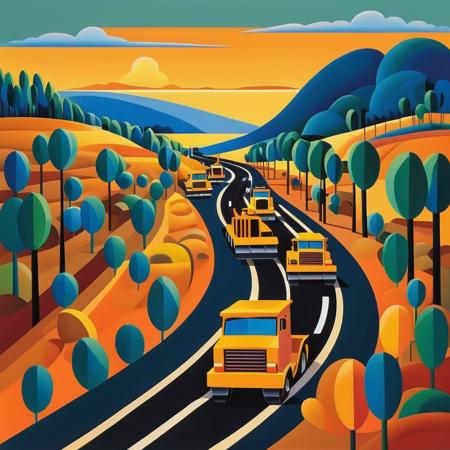 vector art, style of Tarsila do Amaral road construction, flat color