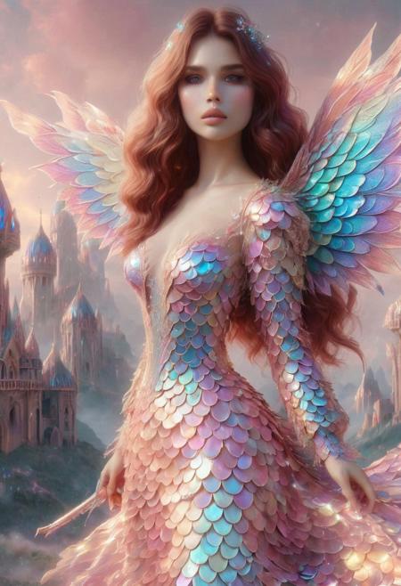 ((photorealistic)), ((1girl)), ((small_breasts:1.6)),  score_9, score_8_up, score_7_up, score_6_up, score_5_up, ((25 years old)), detail face, long wavy hair, (((pink hair))), pink wavy hair, wavy hair, absent minded, perfect eyes, detailed skin, detailed decoration, warrior princess, arrogant, aloof, boots made out of iridescent scales, chest plate armor, chest plate, ((short skirt)), p1nk1r1sc4l3s, castle surroundings, sword, wears a sword, flying in the sky, fairy wings