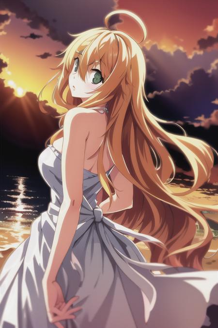 masterpiece, best quality, absurdres, 1girl, <lora:marguerite_breuil:0.72>, marie \(dies irae\), scar on neck, stitches, green eyes, very long hair, blonde hair, ahoge, beach, sunset, dramatic lighting, white dress, long dress, strapless dress, dramatic shot, from back, arms behind back, turning around, looking at viewer