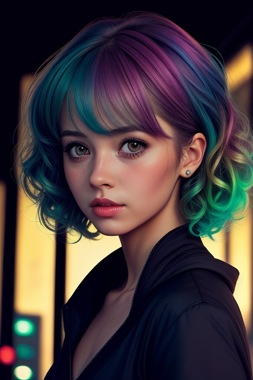 a cute girl,night,  epic realistic, background city, <lora:hair-v3:0.6>, color hair ,   (medium_shot:1.3), curly hair