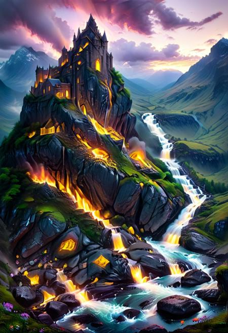 (by Ellen Jewett:1.5), (Bioluminescent Impressionism, Scottish highland  landscape, Flow in the Name of fire* *Channel_42* *中* *Broadcasting* *Artificially_Atypically_Autistically* *Magnetic**Synesthesia* *fire* *lightning*, The Dreamland, green earth, heather, sky sunset, sunrise ,waterfall, great castle on a crag, Crag, highland mountains, ethereal landscapes, depth of field, biotech emotion:1.3) <lora:xl_more_art-full_v1:0.5> <lora:add-detail-xl:1> <lora:RMSDXL_Creative:2>*Channel_42* ral-wlfnte