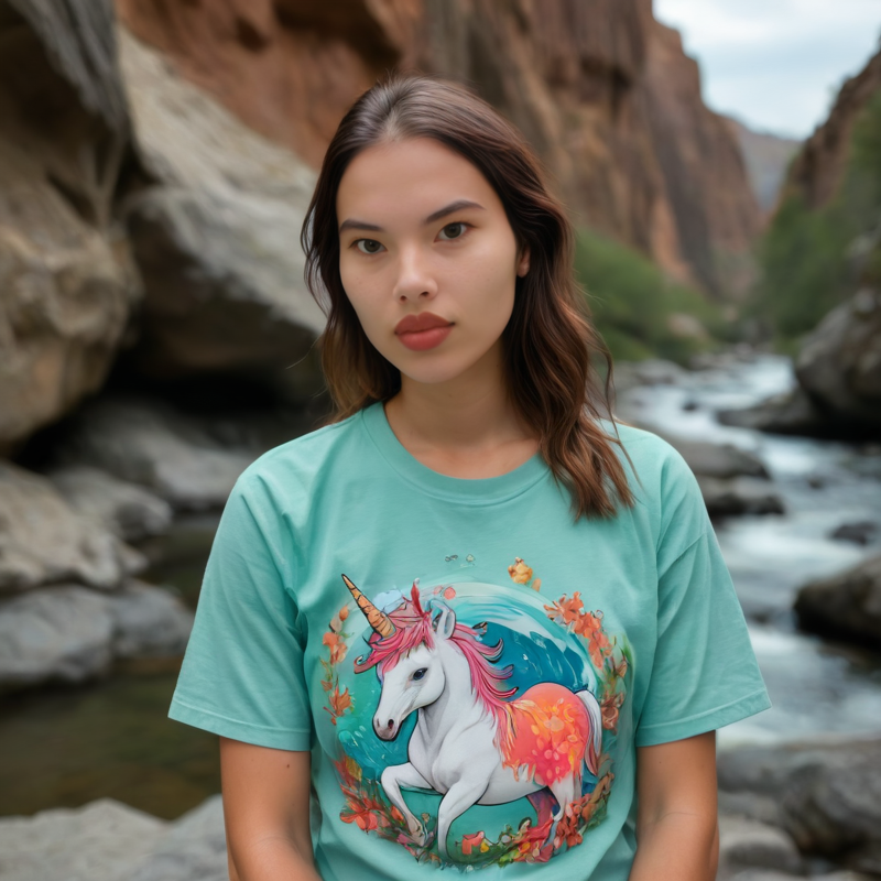 (closeup face photo of a  woman), propped up on one elbow (resting), BREAK
(Scarlet Space buns), waterfall, cascading water, rocky cliffs, refreshing, (Mint Graphic t-shirt with a vibrant illustration of a majestic unicorn),
<lora:Haeun_XL-000011:1>