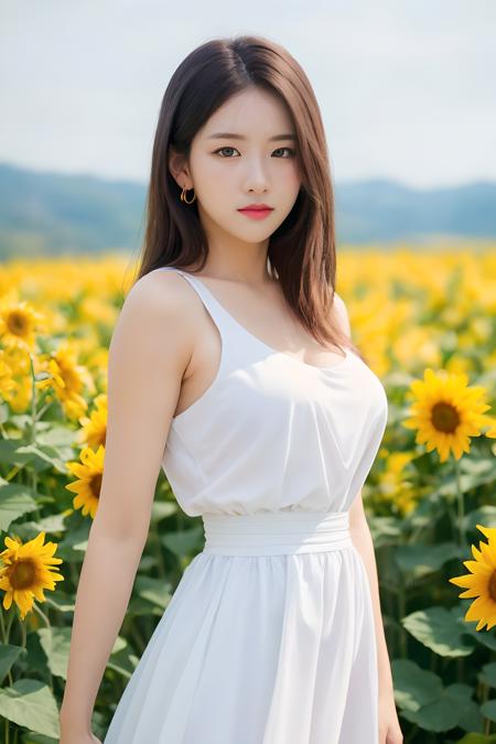 (mature body), (upper body:1.5), nikon RAW photo,8 k, Fujifilm XT3,masterpiece, best quality, realistic, photorealistic, ultra detailed, extremely detailed face, solo,1girl, standing, fashionable and trendy atmosphere, and a stylish expression on her face, close up, (narrow waist), white dress on field of sun flowers, mole on breasts,