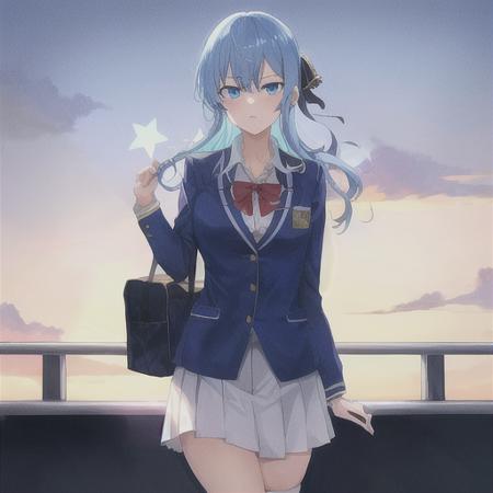 Hoshimachi suisei , star_in_eye, blue_eyes, blue_hair, school, school uniform, masterpiece, high quality, highres, 1girl, solo,