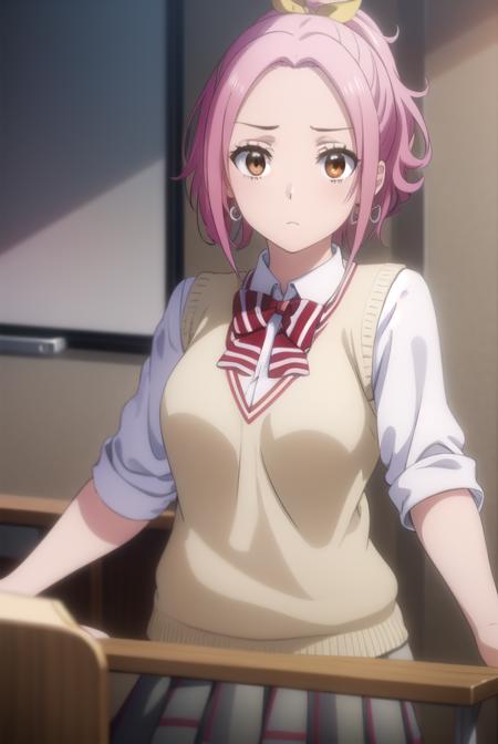 mariasarushima, <lora:maria sarushima s1-lora-nochekaiser:1>,
maria sarushima, short hair, (brown eyes:1.3), pink hair, ponytail, ribbon, hair ribbon,
BREAK skirt, shirt, bow, school uniform, white shirt, short sleeves, pleated skirt, striped, bowtie, red bow, grey skirt, sweater vest, striped bow, striped bowtie,
BREAK indoors, classroom,
BREAK looking at viewer,
BREAK <lyco:GoodHands-beta2:1>, (masterpiece:1.2), best quality, high resolution, unity 8k wallpaper, (illustration:0.8), (beautiful detailed eyes:1.6), extremely detailed face, perfect lighting, extremely detailed CG, (perfect hands, perfect anatomy),