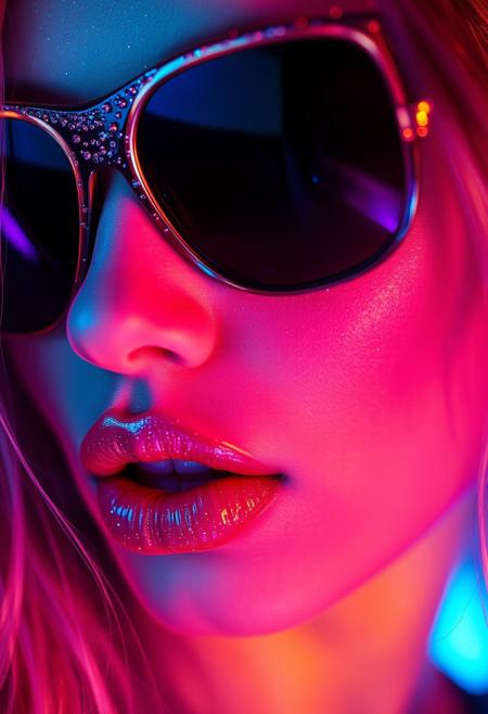 (Soft Lighting Photography by Mimoza Veliu and Mario Giacomelli:1.2),NSFW,Neon-lit close-up, A hyper-realistic close-up of a beauty supermodel sexy girl face, big lips, bathed in neon light with glittering particles on her skin, sunglasses with glitter textures patterns, fashion magazine style, beautiful background, Use soft colors and a shallow depth of field, sexy