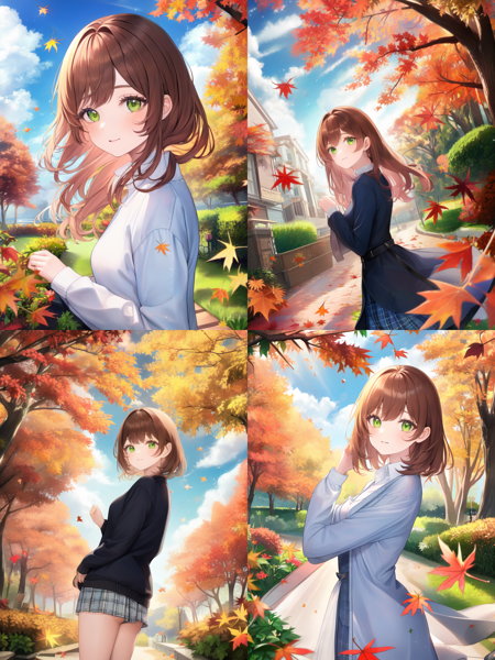 masterpiece, best quality, 1girl, brown hair, green eyes, colorful, autumn, cumulonimbus clouds, lighting, blue sky, falling leaves, garden