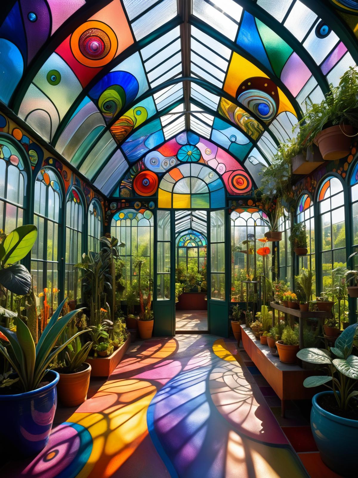 Colorful Stained Glass Windows and Stained Glass Ceiling in a Greenhouse with Plants