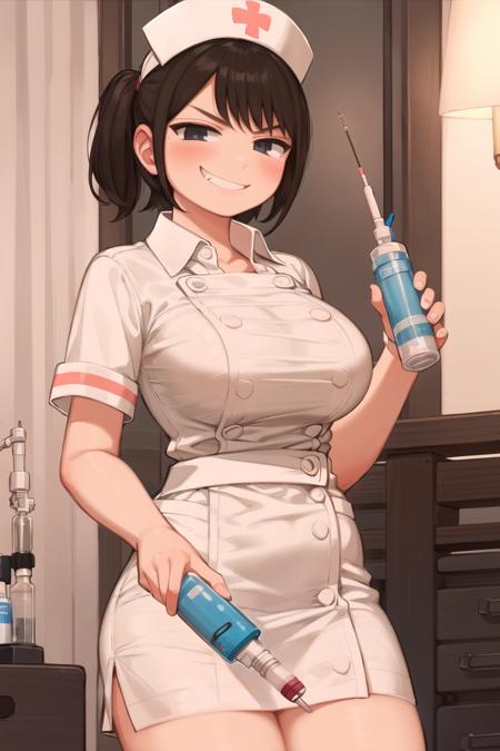 best quality, masterpiece, solo, 1girl, <lora:harunomanji-10:1>, nurse cap, nurse, holding, holding syringe, smirk,