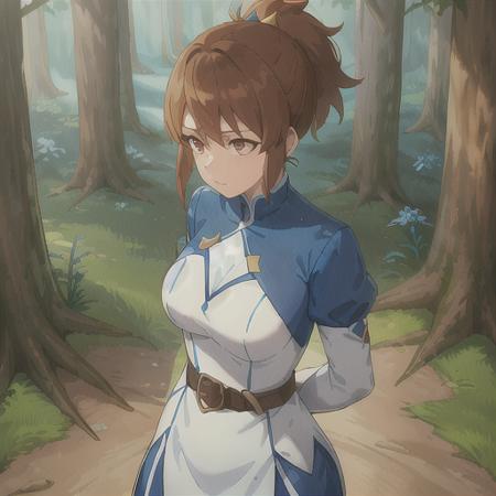 a woman, forest, blue sleeves and white outfit,very short ponytail, brown belt, standing <lora:marc1:0.7>, perfect resolution, illustration, dota dragon's blood style