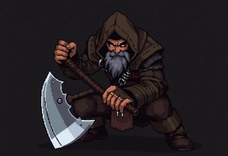 Pixel art rogue wielding a large axe, wearing leather armor and a hood, scarred face, crouching in shadows, ready to strike, gritty and rugged look, 16-bit style.