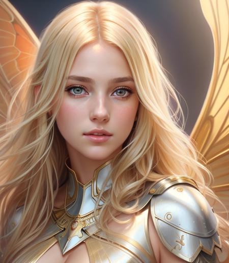 1girl, hair blonde, 8K, HD, realistic, wing butterflies on her face. beautiful highly detailed face. painting by artgerm and greg rutkowski and alphonse mucha, realistic, HD, 8k, dress white, 1980s, beauty face, armor gold, skirt red, ((realism)),