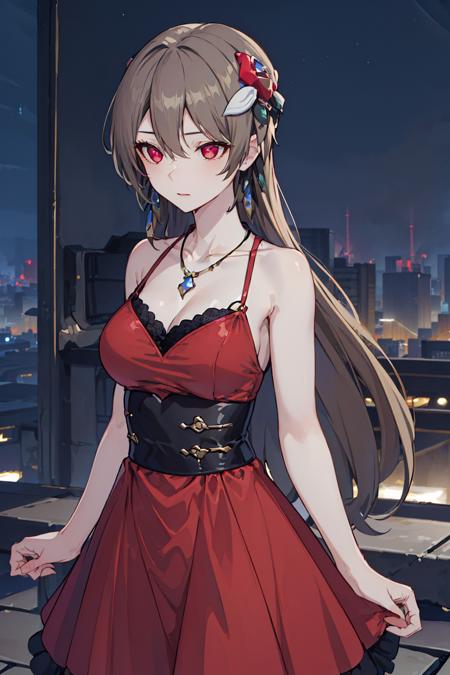 ultra high res,masterpiece,best quality,
1girl,vita,hair ornament,earrings,long hair,<lora:Vita-[H]:0.6>,red dress,necklace,jewelry,looking away,cowboy shot,
outdoors,rooftop,night,cityscape,