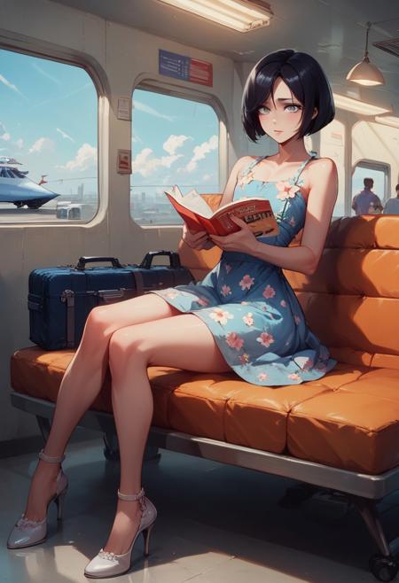 score_9, score_8_up, score_7_up, 1boy, femboy, otoko no ko, short hair, bob cut hair, black hair, grey eyes, gray eyes, feminine face, toned body, Shelly, sitting, floral sundress, cute sundress, holding magazine, reading, high heels, suitcase, highly detailed, intricate, zzCitronLegacy, indoors, airport, waiting room, large windows, airplane outside window, rows of seats, crowded