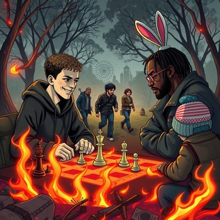 I would like the cover to depict 2 people playing chess in the middle of a park that is in flames. One of the players should have light skin and short curly hair and wearing a dark hoodie and sinister smile. The other player should be very tall and light brown skin with short curly hair looking similar to victor wembenyama. In the background there should be 4 people walking away with a bag of money; out of those 4 characters, one should be a fair skinned tall slightly heavy-set burly man with long hair and beard and glasses, the other should have black dreads and dressed up like he’s from the grunge era, the other should have brown skin and short curly hair and wearing 80s punk rock leather clothes, and the last person should have brown skin and dressed in fishing gear with a beanie that resembles pink and white bunny ears.
