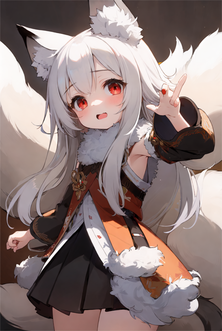 (Petite)1girl,red eyes,fox ears,fox tail, animal ear fluff, white hair, black skirt,white fur trim