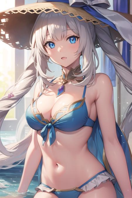 fgomarieantoinette, <lyco:marieantoinette-lyco-nochekaiser:1>,
marie antoinette, blue eyes, long hair, white hair, twintails,
BREAK bikini, blue bikini, frilled bikini, frills, front-tie top, hat, jewelry, navel, necklace, sarong, sun hat, swimsuit,
BREAK looking at viewer,
BREAK indoors,
BREAK <lyco:GoodHands-beta2:1>, (masterpiece:1.2), best quality, high resolution, unity 8k wallpaper, (illustration:0.8), (beautiful detailed eyes:1.6), extremely detailed face, perfect lighting, extremely detailed CG, (perfect hands, perfect anatomy),