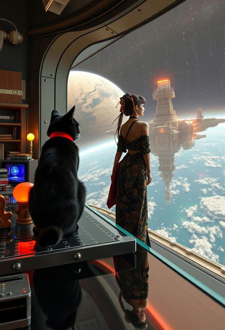 A sleek black cat with red collar sits on a cluttered metal riveted desk with transparent top and rgb led computer components visible inside, On the desk are a maneki neko statue and a lava lamp, the Black Cat is looking out of a seamless and futuristic floor to ceiling window that looks out at a planet from low orbit, (((a beautiful woman fully visible, 24 years old, is standing looking out the window, the woman is dressed in an ornate Japanese style futuristic formal gown (semi-risque) . An enormous deco-cyberpunk starship with futuristic lighting and an enormous space station are visible in the background among the stars, The woman's hair is pinned up with exquisite gold and jeweled chopsticks, and an artistic ribbon that contrasts perfectly with the gown. Artistic cyberpunk, dynamic perspective, (((overall architectural aesthetic is Art Deco Cyberpunk))).