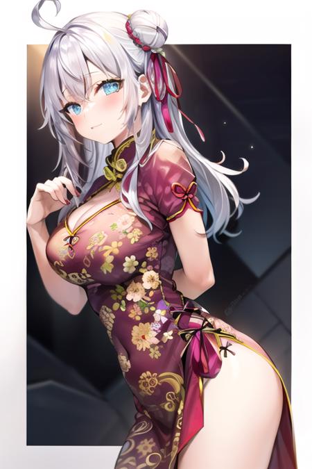 <lora:arya:0.8>, Arya, 1girl, solo, chinese clothes, china dress, breasts, dress, ahoge, hair bun, blue eyes, white background, ribbon, long hair, large breasts, short sleeves, red dress, looking at viewer, hair ribbon, blush, simple background, white hair, thighs, red ribbon, closed mouth, from side, clothing cutout, cowboy shot, frills, bangs, hair between eyes, cleavage cutout, single hair bun, cleavage, pelvic curtain, double bun, standing, short dress, hand on own thigh, side slit, floral print, frilled dress