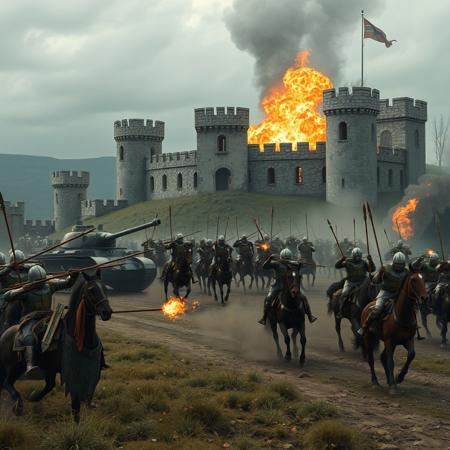 Ultra realistic. MEDIEVAL SCENARIO, A DESTROYED CASTLE FAR BACKGROUND, AN OLD ARMY WITH TANKS SOLDIERS WITH RIFLES SHOOTING VS A GROUP OF KNIGHTS WITH HORSES AND CATAPULTS SOME KNIGHTS WITH BOWS ATACKING THE ARMY, EXPLOSIONS, DUST, FIRE, ARROWS