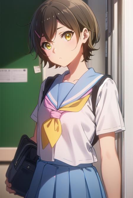 hazukikatou, <lora:hazuki katou s2-lora-nochekaiser:1>,
hazuki katou, short hair, brown hair, hair ornament, (yellow eyes:1.3), hairclip,
BREAK skirt, shirt, school uniform, white shirt, short sleeves, pleated skirt, serafuku, sailor collar, blue skirt, neckerchief, blue sailor collar, school bag, (pink neckerchief:1.2), kitauji high school uniform,
BREAK indoors, classroom,
BREAK looking at viewer, (cowboy shot:1.5),
BREAK <lyco:GoodHands-beta2:1>, (masterpiece:1.2), best quality, high resolution, unity 8k wallpaper, (illustration:0.8), (beautiful detailed eyes:1.6), extremely detailed face, perfect lighting, extremely detailed CG, (perfect hands, perfect anatomy),