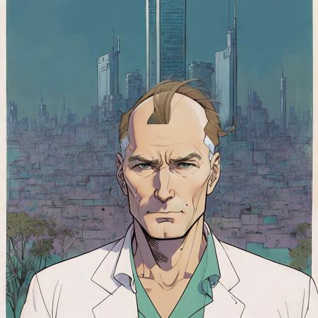 2d cartoon((best quality)) portrait of a man with hairloss, thin hair, futuristic city in background, simple background, award winning art by alphonse mucha and greg rutkowski <lora:Hairloss-Concept-LoRA:0.7>, (best quality),inspired, Particularly Detailed, Picture-Perfect Realism, 8k,Triumph, ((Filmation cartoon)), (80s cartoon), ((animation cel)), ((line art)), bold lines, minimalistic, ((flat colors)), ((pastel colors)), ((muted colors)), highly detailed, by T. Mark Taylor, by Herb Trimpe, by Bruno Bianchi, by Eric Lewald