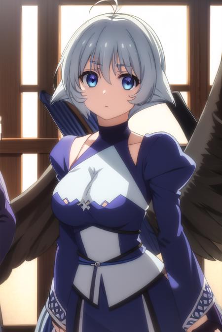 kamyu, short hair, blue eyes, ahoge, antenna hair, dress, wings, black wings, blue dress, long sleeves, puffy sleeves,